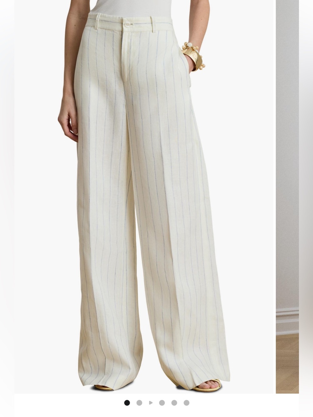 NWT Lauren Lined Wide-Leg Pinstripe Linen-Blend Pants in Cream
